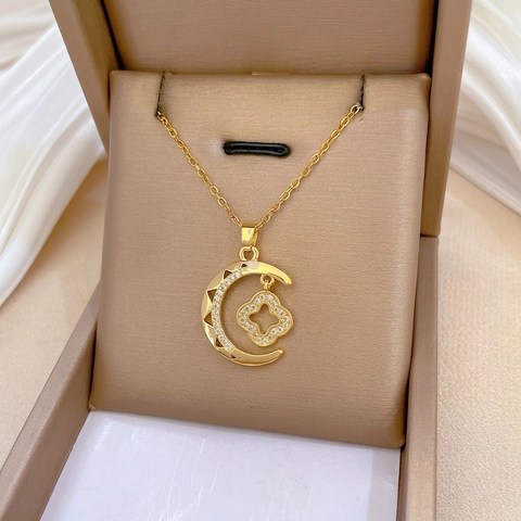 Collana Con Pendente Luna E Quadrifoglio Per Donna Acciaio Al Titanio Rame Micro Intarsio Zircone Placcato Oro Gioielli Moda