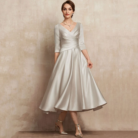 Elegante Dames V-Hals Satijn Avondjurk Driekwart Mouw Geplooide Taille A-Lijn Midi Jurk Voor Banket Feest