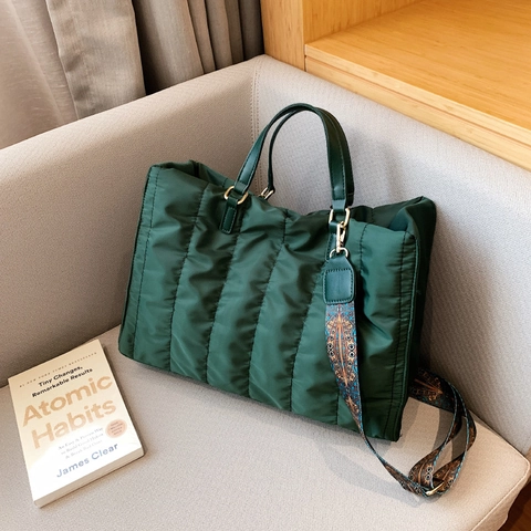 Quilted Tote Bag Nylon Puffer Large Capacity Ethnic Style Print Wide Strap Shoulder Handbag For Women