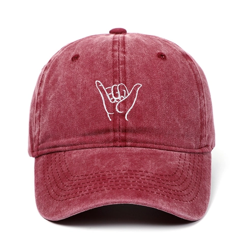 Shaka Hand Gesture Embroidery Washed Cotton Baseball Cap Vintage Adjustable Sun Hat For Men Women Outdoor Sports