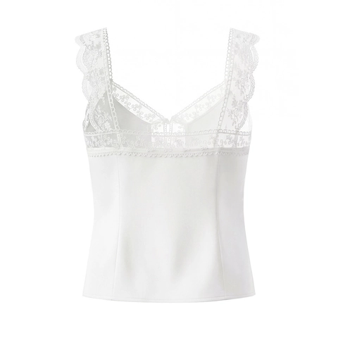 White Satin Camisole Lace Trim V Neck Button Decoration Slim Fit Cropped Sexy Tank Top For Women
