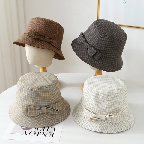 Polyester Plaid Bucket Hat With Bow Sunshade Breathable Adjustable Outdoor Travel Retro Style Elegant For Women