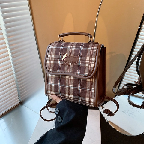 Mini Backpack PU Leather Plaid Fabric Embroidered Dachshund Dog British College Style Versatile Shoulder Handbag Women