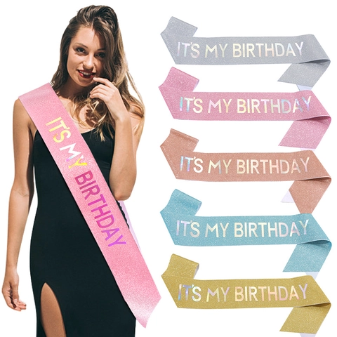 Fascia Compleanno Tessuto Glitterato Lettere Bronzate Olografico Laser Lucido Per Festa Ballo Prom Celebrazione Donne Ragazze