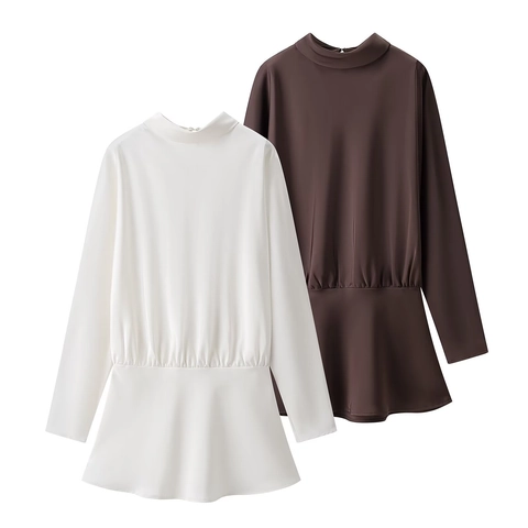 Robe Courte Élégante En Satin Manches Longues Col V Nœud Écharpe Ourlet À Volants Coupe Ajustée