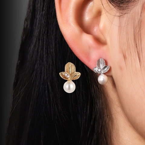 Piccoli Orecchini a Bottone in Rame a Forma di Foglia Con Perno in Argento Sterling 925 Perla Artificiale Intarsio di Strass Gioielli Eleganti per Donna