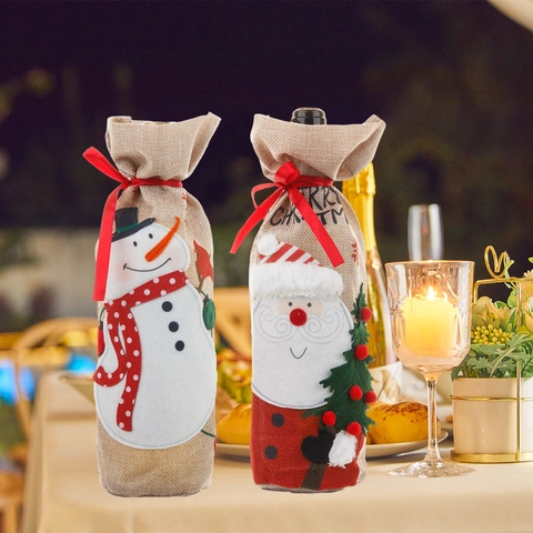 Christmas Wine Bottle Covers Burlap Linen Embroidery Santa Snowman Drawstring Bag Festive Dining Table Decor