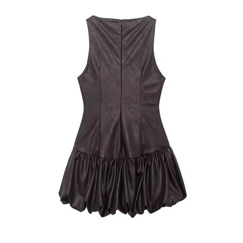 Robe Mini Sans Manches En Cuir PU Femme Ourlet Plissé Café Coupe Ajustée Col Rond Mode