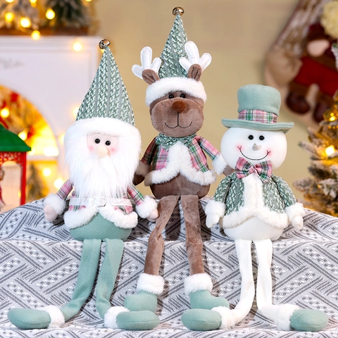 Kerst Pluche Pop Ornamenten Lange Hangende Benen Zittende Kerstman Sneeuwpop Rendier Kabouter Desktop Decoratie Groen Geruite Stof Met Metalen Bel