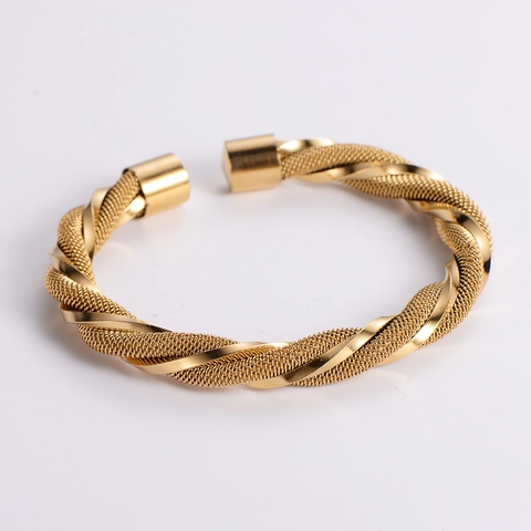 Twisted Mesh Rope Open Bangle Stainless Steel 18K Gold Plated Adjustable Bracelet For Women Elegant Jewelry