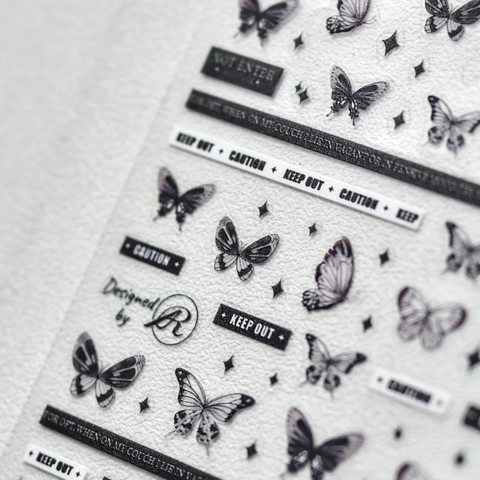 Butterfly Nail Art Stickers 5D Dark Punk Style Black White Thin Waterproof DIY Manicure Decoration Decals Caution Motif
