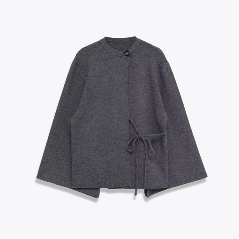Knitted Cardigan Round Neck Single Button Flare Sleeve Waist Tie Elegant Grey Women Polyester Spandex Top