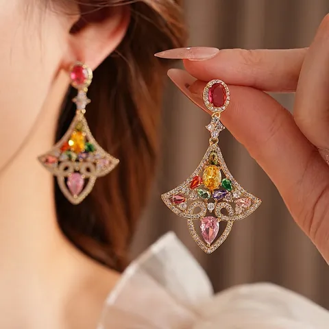 Vintage Barock Hängeohrringe Mit Bunten Zirkonia Herz Fächerform Kupfer Vergoldet Und Silbernen Ohrsteckern