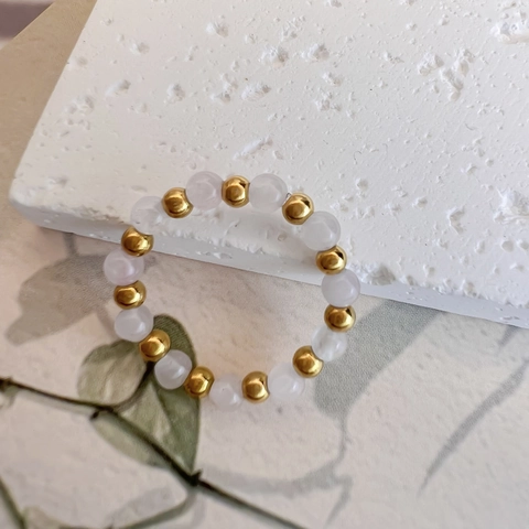 Handmade Natural Stone Rose Quartz Beaded Ring For Women Stainless Steel Gold Plated Elastic Heart Charm Fashion Jewelry