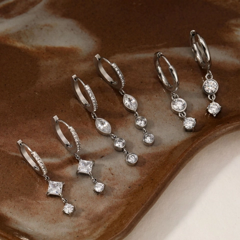Stainless Steel Cubic Zirconia Dangling Hoop Earrings Waterproof PVD Gold Plated French Style Elegant Jewelry For Women