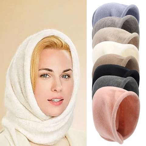 Women Winter Hooded Scarf Integrated Hat Acrylic Knitted Balaclava Warm Neck Protector Pullover Solid Color Beanie Hat