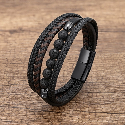 Pulsera Trenzada De Cuero Multicapa Con Cierre Magnético De Acero Inoxidable Y Cuentas De Piedra Natural Para Hombre Estilo Vintage