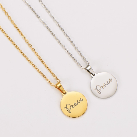 Collar Con Colgante Redondo Grabado Letra Peace Acero Inoxidable 304 Chapado En Oro 18K Joyas Minimalistas Mujeres