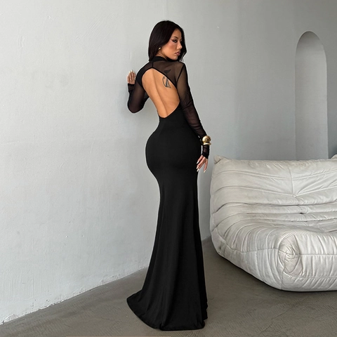Sexy Figurbetontes Maxikleid Damen Mesh Patchwork Rückenfrei Hoher Schlitz Langarm Clubwear Party