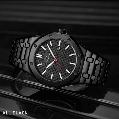 Men Fashion Quartz Watch Octagonal Bezel Waffle Dial Calendar Waterproof Business Alloy Metal Link Strap Sport Wristwatch