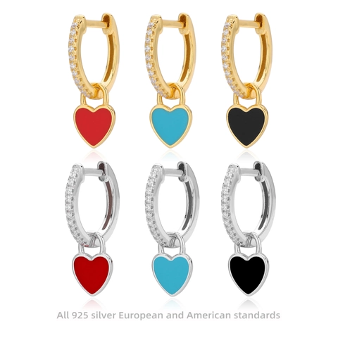925 Sterling Silver Heart Dangle Earrings For Women Gold Plated Enamel Zirconia Huggie Hoop Earrings Jewelry Gift