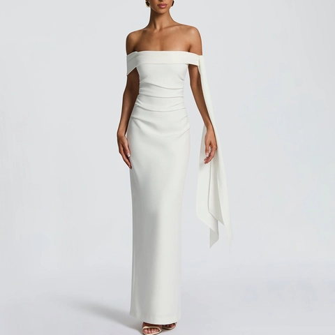 Sexy Damen Schulterfrei Bodycon Maxi Kleid Einfarbig Seitenband Detail Slim Fit Ärmellos Abendgesellschaft Kleid Elegantes Kleid