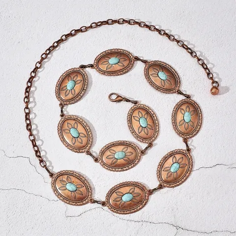 Catena da Vita in Metallo Vintage Bohemian Donna Lega di Zinco Cintura Etnica Floreale Decorazione Turchese Regolabile Gioielli