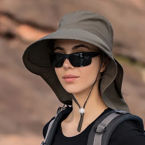 Women Wide Brim Sun Hat Nylon UV Protection Ponytail Hole Neck Flap Foldable Outdoor Hiking Fishing Adjustable