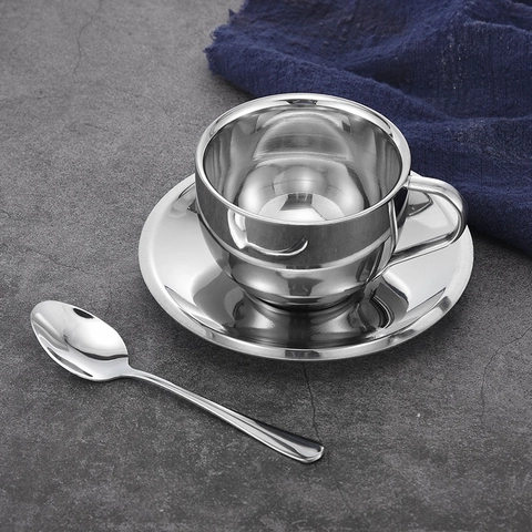 Koffiekopje Met Schotel En Lepel 304 Roestvrij Staal Dubbelwandig Geïsoleerd Moderne Europese Stijl Voor Thuis Kantoor