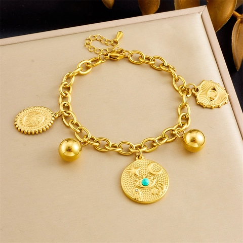 Vintage Stainless Steel Multi Charm Chain Bracelet With Evil Eye Star Moon Heart Turquoise Retro Boho Jewelry For Women