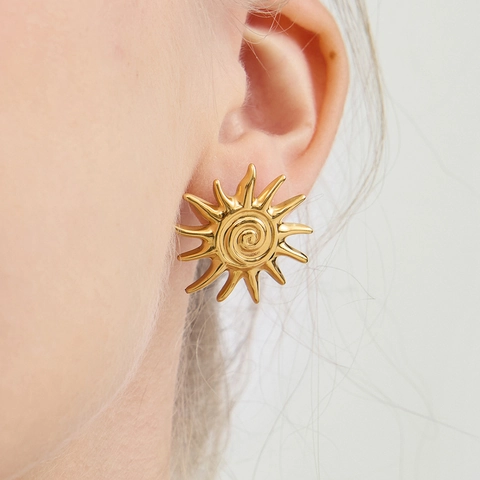 Pendientes de Botón de Sol de Acero Inoxidable para Mujer Estilo Bohemio Espiral Pendientes de Oro Joyería de Lujo