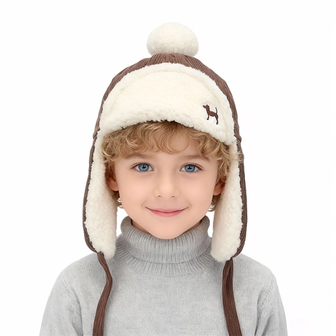 Winter Warme Kinder Cord Fliegermütze Lammwollimitat Futter Ohrenklappen Lei Feng Mütze Mit Hunde-Stickerei Bommel Kappe
