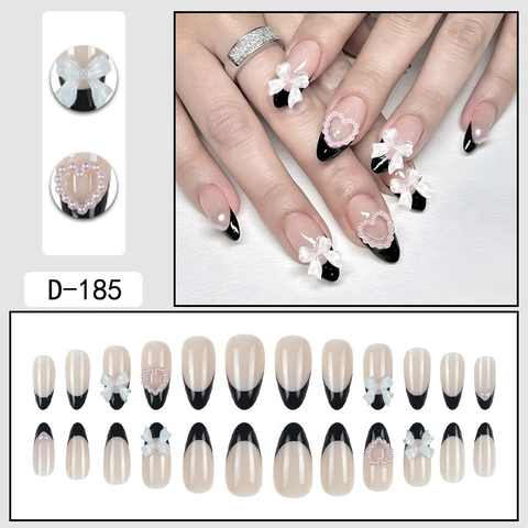 French Tip Press On Nails Black Bow Heart Almond Fake Nails Nude Pink Manicure Art Artificial Nails