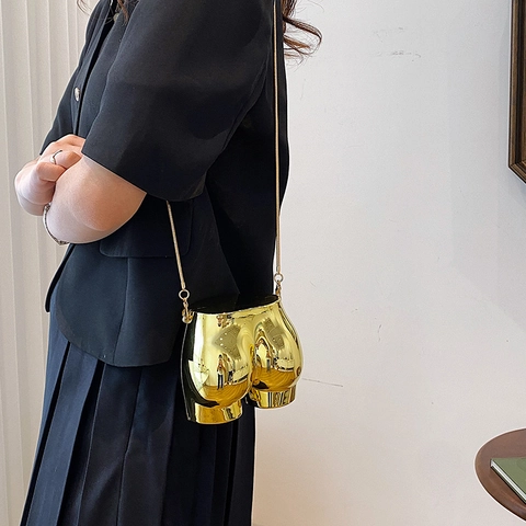 Acrylic Mirror Metallic Crossbody Bag Human Buttocks Shape Novelty Chain Shoulder Handbag For Women Party Clubbing