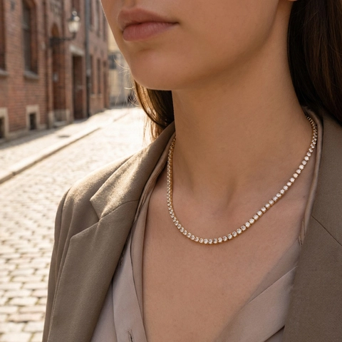 Collar Tennis Clásico para Mujer Cobre Chapado en Oro Rodio Circonia Redonda Incrustada Choker Ajustable Joyería de Moda Regalo