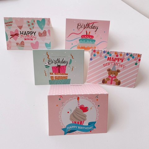 Mini Tarjetas De Felicitación Cumpleaños Plegables Cartón Bronceado Oso Dibujos Animados Pastel Patrones Regalo Decoración Lindo Pequeño