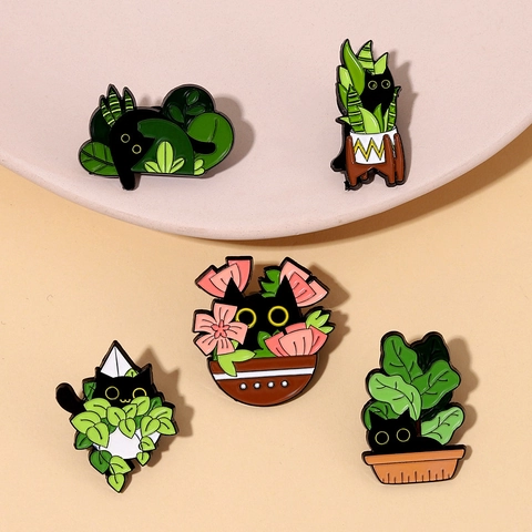 Cute Black Cat Potted Plants Enamel Pin Cartoon Alloy Brooch Badge For Clothing Bags Coats Jackets Accessory Fashion Jewelry