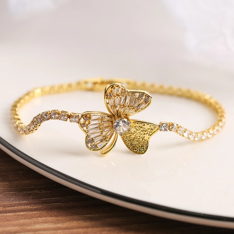 Schmetterling Blume Zirkon Armband Kupfer Luxus Mode Schmuck Geschenk Für Frauen Funkelndes Elegantes Verstellbares Handaccessoire