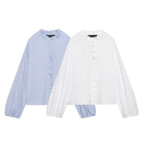 Women Long Sleeve Ruffle Stand Collar Shirt Striped Solid Lantern Sleeve Polyester Blouse Elegant Casual Button Up Top