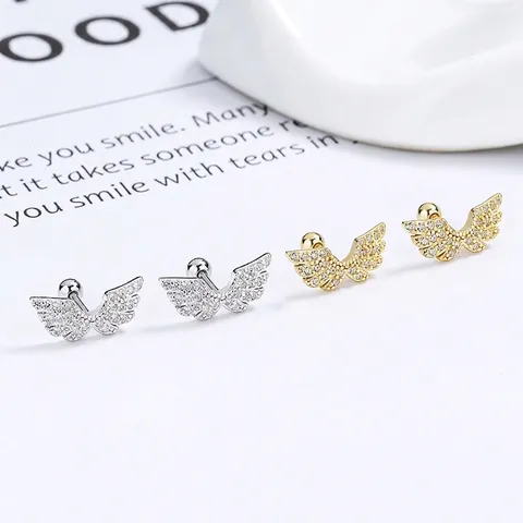 Orecchini a Bottone in Argento Sterling 925 a Forma di Ala per Donna Strass Chiusura a Vite Gioielli