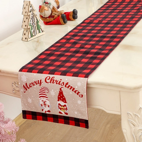 Christmas Table Runner Red Black Buffalo Plaid Gnomes Design For Dining Table Festive Party Decor Soft Non-Woven Fabric