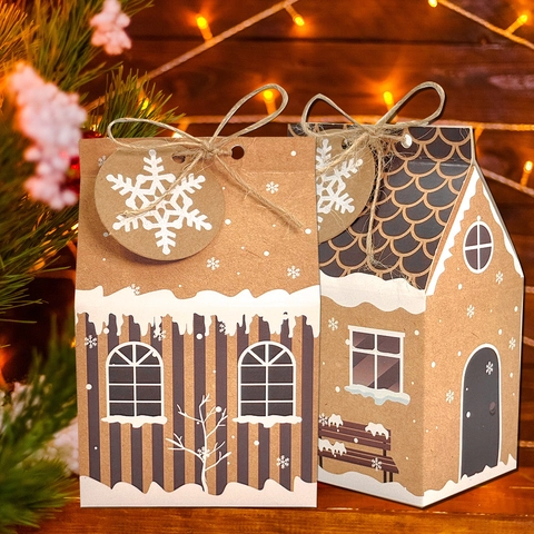 Weihnachten Lebkuchenhaus Geschenkboxen Kraftpapier Süßigkeiten Plätzchen Verpackung Hanfseil Schneeflocken Anhänger Festlich