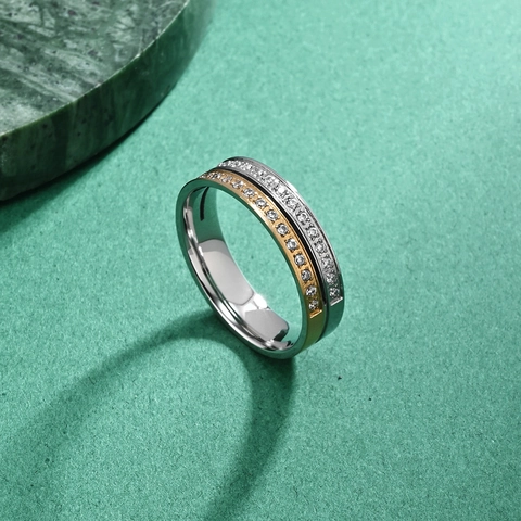 Two Tone Stainless Steel Ring Full Zircon Inlay Band Modern Minimalist Wedding Jewelry For Men Women Couple