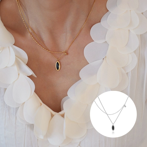 Double Layer Pendant Necklace Titanium Steel 18K Gold Plated Black Enamel Oval Vintage French Style Women Jewelry
