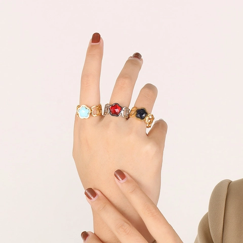 Anillos De Flores Huecas Acero Inoxidable Pétalo Geométrico Joyería Elegante Accesorios Para Mujeres Chapado En Oro Piedra Azul