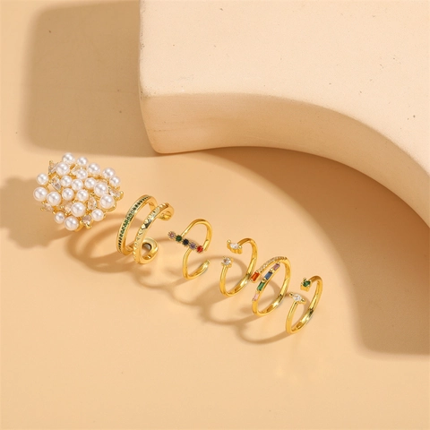 Bagues Ouvertes Ajustables En Cuivre Plaqué Or Avec Zircon Coloré Et Künstliche Perle D'imitation Géométrique Mode Pour Femmes