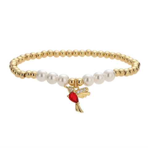 Bracciale in Rame con Zirconia e Catena di Perle Artificiali Pendente a Forma di Colibrì Farfalla Gioielli Eleganti per Donna