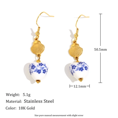 Vintage Hängeohrringe Für Damen Edelstahl 18K Vergoldet Keramikperlen Blau Weißes Porzellan Herz Fisch Seepferdchen
