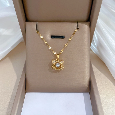 Kitten Dancing Stone Pendant Necklace Stainless Steel Chain Copper Zircon Inlaid Elegant Clavicle Jewelry For Women