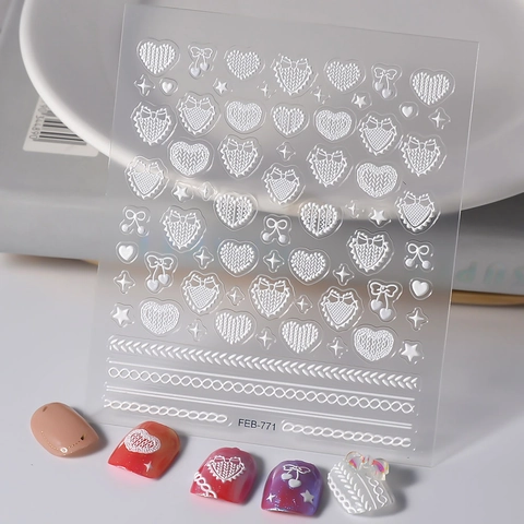 Autocollants Ongles 5D Relief Autocollant Blanc Motif Tricot Pull Cœur Nœud Décoration DIY Pour Femmes